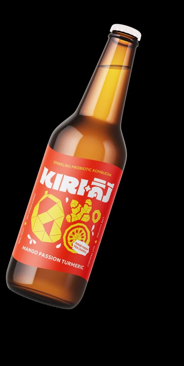 Bottle render: Mango Passion Turmeric label in red with yellow geometric fruit on amber glass