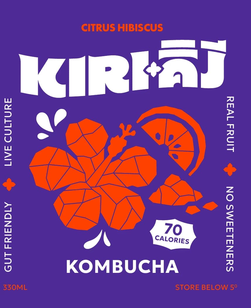 Citrus Hibiscus label flat: geometric orange hibiscus flower and citrus wheel on deep violet