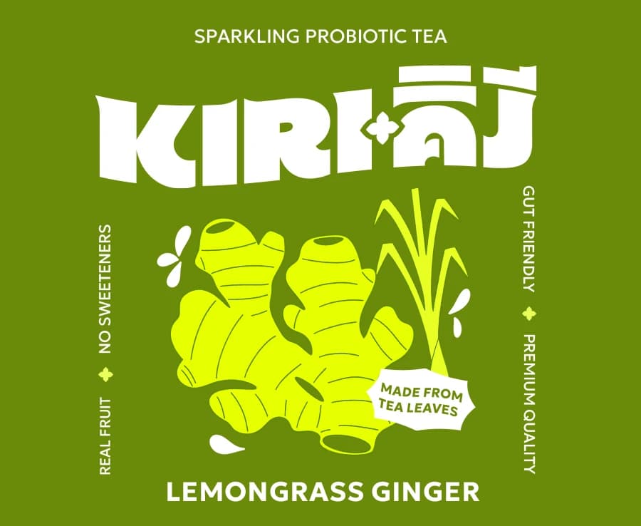 Lemongrass Ginger label flat: chartreuse ginger root and lemongrass stalks on an olive green field
